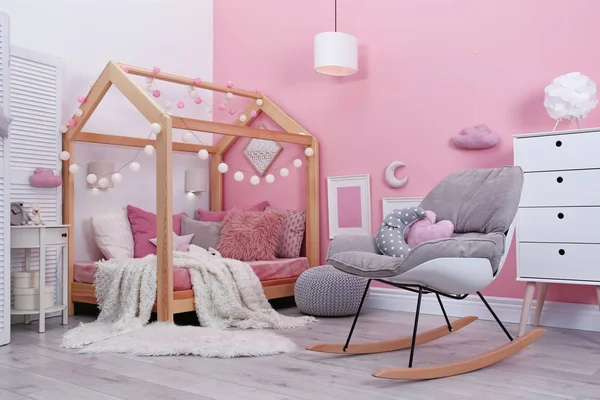 Stylish Children Room Interior Toys New Furniture Space Text — Stock Photo, Image