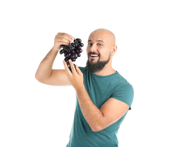 Overweight Man Grapes White Background — Stock Photo, Image