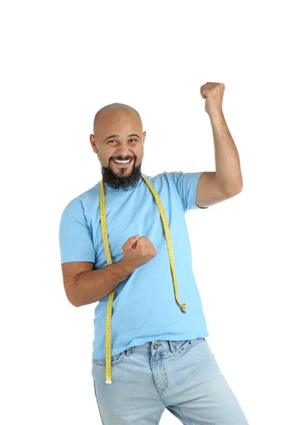 Overweight Man Measuring Tape White Background — Stock Photo, Image