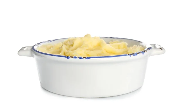 Casserole Pot Tasty Mashed Potatoes White Background — Stock Photo, Image