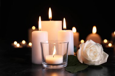 Beyaz gül ve yanan mum karanlık tablo. Cenaze sembolü
