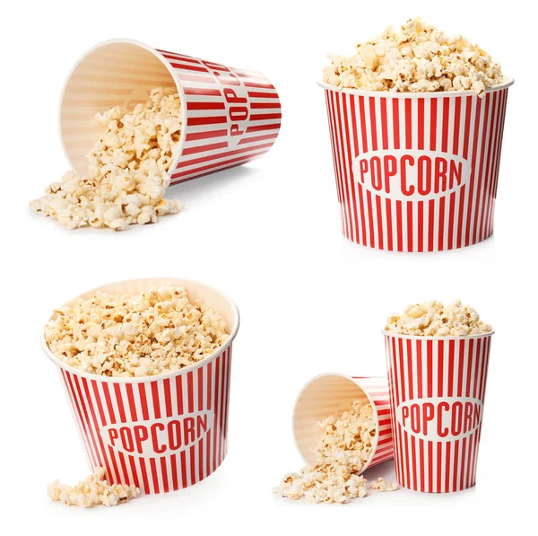 Set Met Heerlijke Popcorn Witte Achtergrond — Stockfoto