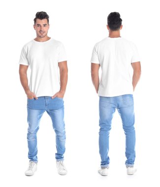 Genç adamla farklı boş renkli ayarlamak beyaz t-shirt ön arka plan ve sayısı geri. Tasarım için alay