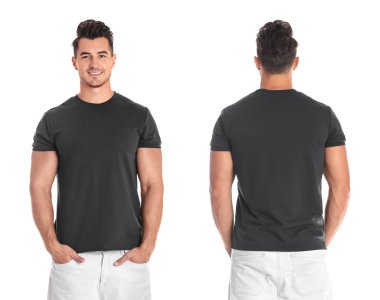 Genç adamla farklı boş renkli ayarlamak beyaz t-shirt ön arka plan ve sayısı geri. Tasarım için alay