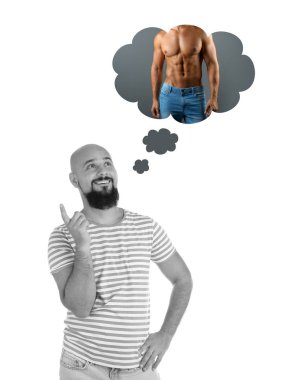 Kilolu adam beyaz arka plan üzerinde mükemmel vücut hakkında rüya