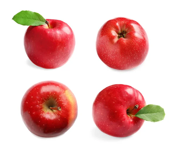 Ensemble Avec Délicieuses Pommes Rouges Sur Fond Blanc — Photo