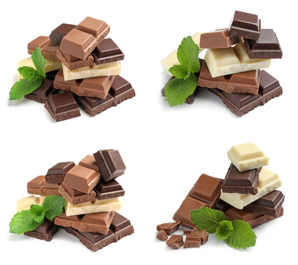 Set Mit Verschiedenen Arten Köstlicher Schokolade Und Minze Auf Weißem — Stockfoto