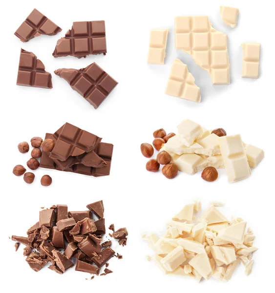 白い背景上のおいしいチョコレートの種類で設定します — ストック写真