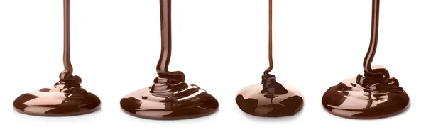 Conjunto Com Chocolate Fundido Derramando Fundo Branco — Fotografia de Stock