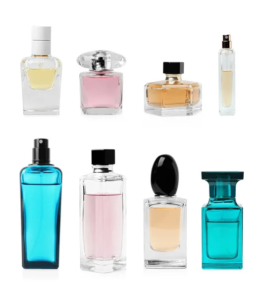 Set Con Diferentes Botellas Perfume Blanco Sobre Fondo Blanco —  Fotos de Stock