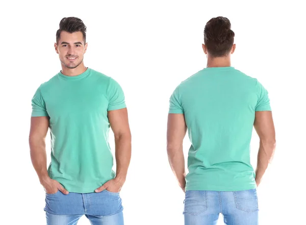 Set Med Ung Man Olika Tomma Färgglada Shirts Vit Bakgrund — Stockfoto