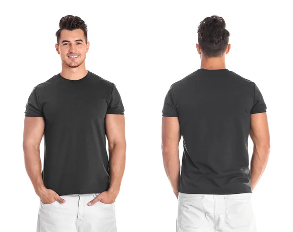 Set Mit Jungen Mann Verschiedenen Leeren Bunten Shirts Auf Weißem — Stockfoto