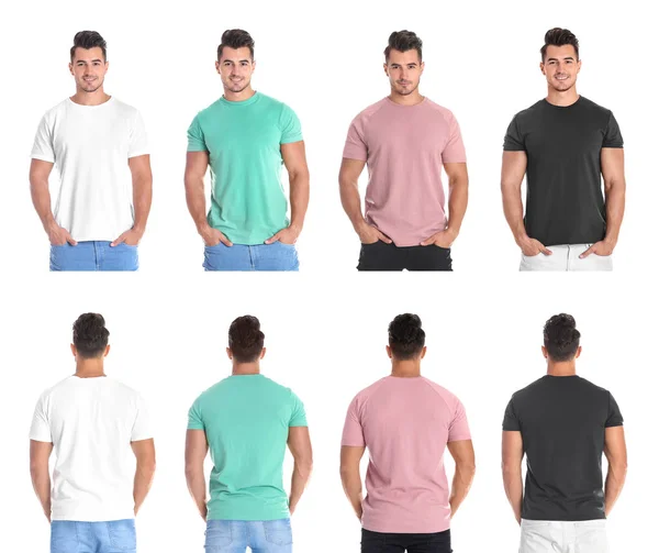 Set Con Hombre Joven Diferentes Camisetas Colores Blanco Sobre Fondo —  Fotos de Stock