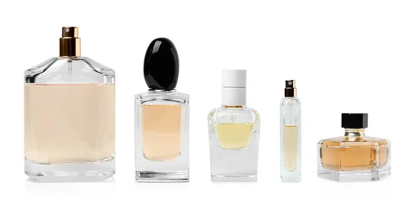 Set Different Blank Perfume Bottles White Background — Stock Photo, Image