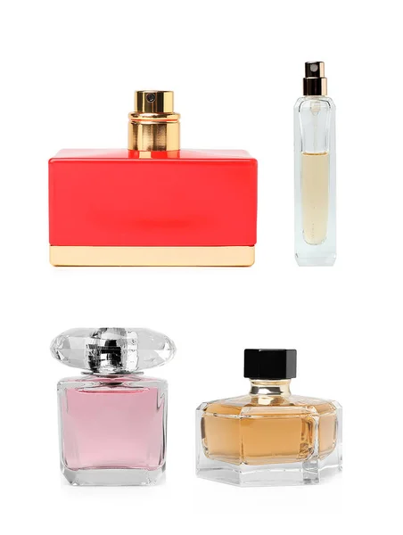 Zestaw Różnych Perfum Puste Butelki Białym Tle — Zdjęcie stockowe