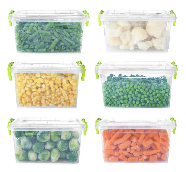 Set Met Diepvriesgroenten Plastic Bakjes Witte Achtergrond — Stockfoto