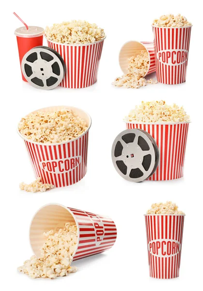 Set Med Läckra Popcorn Vit Bakgrund — Stockfoto