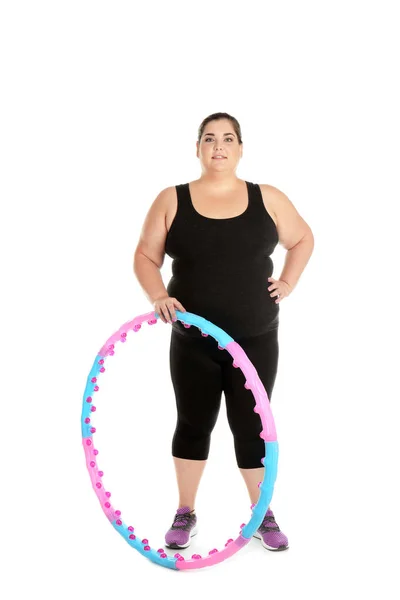 Übergewichtige Frau Mit Hula Hoop Reifen Auf Weißem Hintergrund — Stockfoto