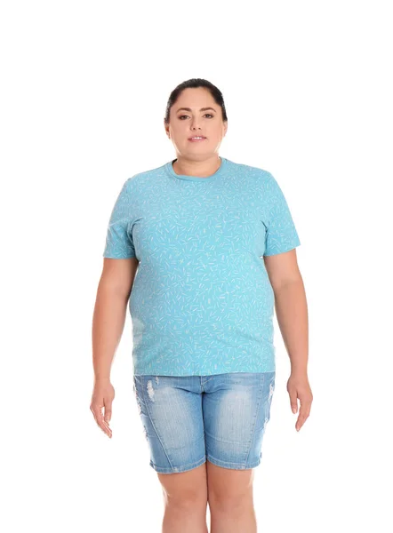 Dikke Vrouw Witte Achtergrond Verlies Van Het Gewicht — Stockfoto