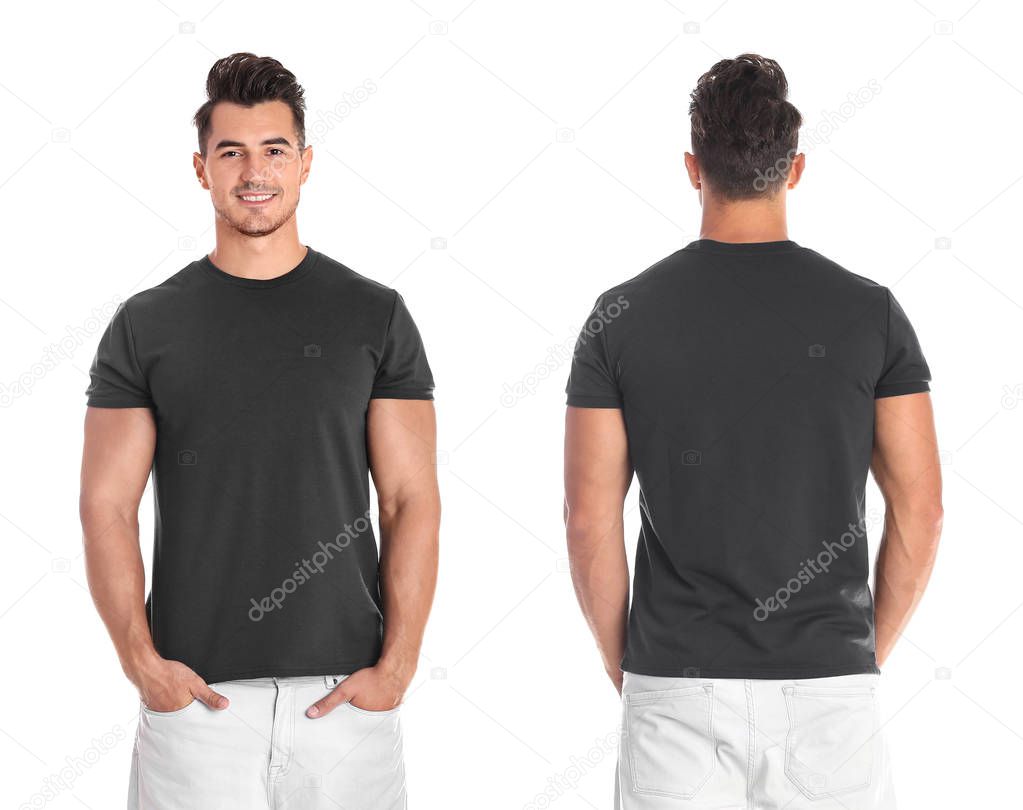 Set with young man in different blank colorful t-shirts on white background, front and back views. Mock up for design