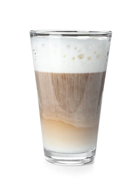 Vidro Com Café Espuma Leite Isolado Branco — Fotografia de Stock