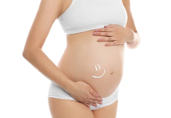 Uśmiech Malowane Ciała Krem Brzuch Ciąży Kobieta Białym Tle Zbliżenie — Zdjęcie stockowe