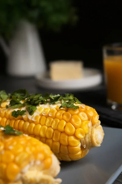 Delicious Boiled Corn Cobs Butter Parsley Gray Table Closeup — Stock Photo, Image