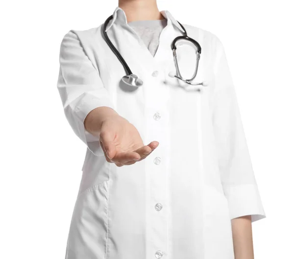Female Doctor Giving Helping Hand White Background — Stock Photo, Image