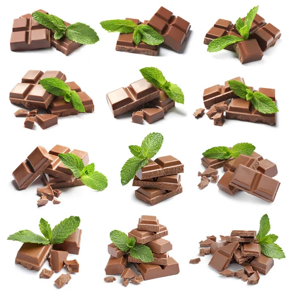 Set Delicious Chocolate Mint White Background — Stock Photo, Image
