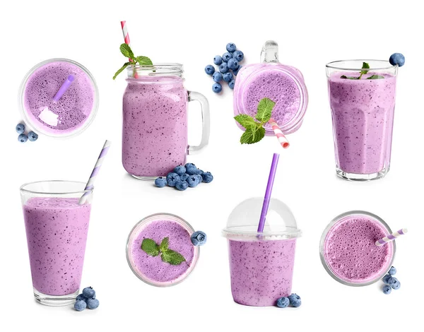 Set Mit Köstlichem Blaubeer Smoothie Auf Weißem Hintergrund — Stockfoto