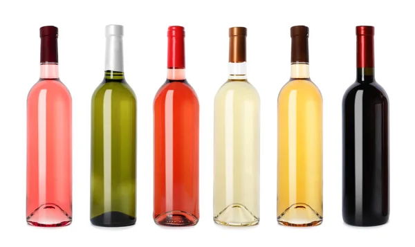 Set Con Diferentes Botellas Vino Blanco Sobre Fondo Blanco — Foto de Stock