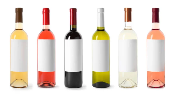 Conjunto Com Diferentes Garrafas Vinho Branco Sobre Fundo Branco Mock — Fotografia de Stock