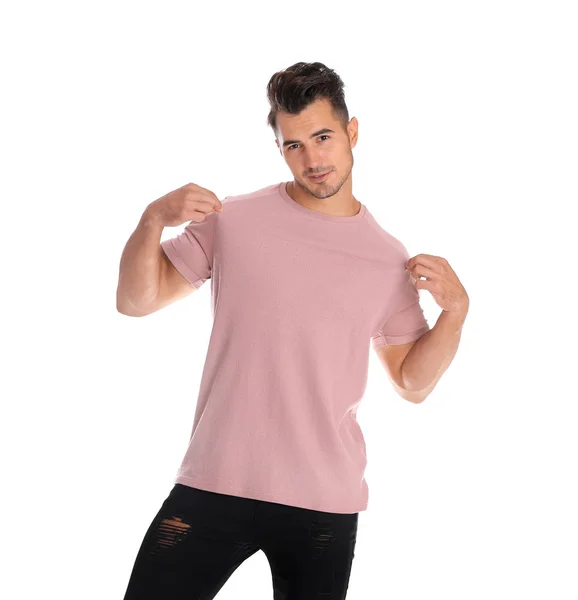 Hombre Joven Camiseta Sobre Fondo Blanco Burla Para Diseño —  Fotos de Stock