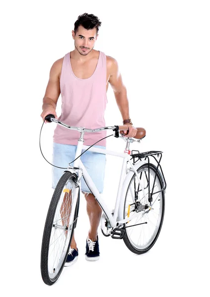 Schöner Junger Hipster Mann Mit Fahrrad Auf Weißem Hintergrund — Stockfoto