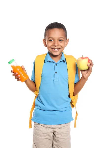 African American Schoolboy Healthy Food Backpack White Background — Stock Photo, Image