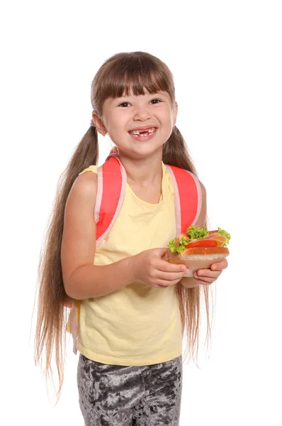 Schoolgirl Healthy Food Backpack White Background — Stock Photo, Image
