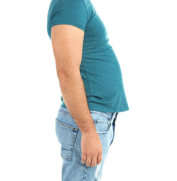 Übergewichtiger Mann Auf Weißem Hintergrund Nahaufnahme — Stockfoto