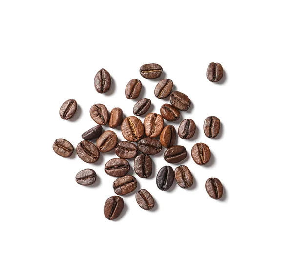 Gebrande Koffiebonen Witte Achtergrond Bovenaanzicht — Stockfoto