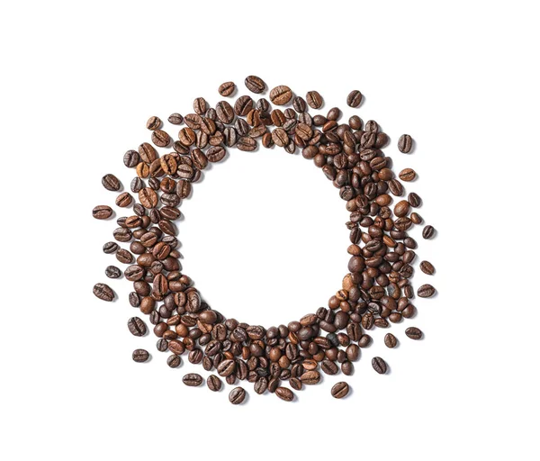Rahmen Aus Gerösteten Kaffeebohnen Auf Weißem Hintergrund Ansicht Von Oben — Stockfoto