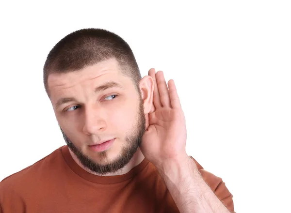 Young Man Hearing Problem White Background Stock Photo