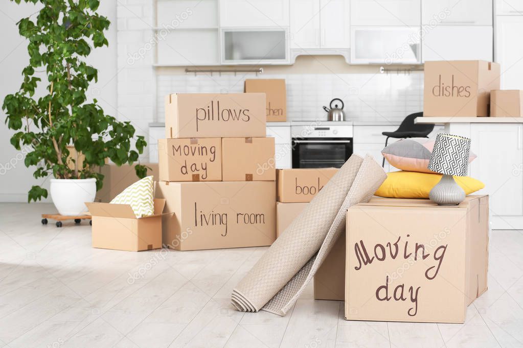 Cardboard boxes and household stuff in kitchen. Moving day