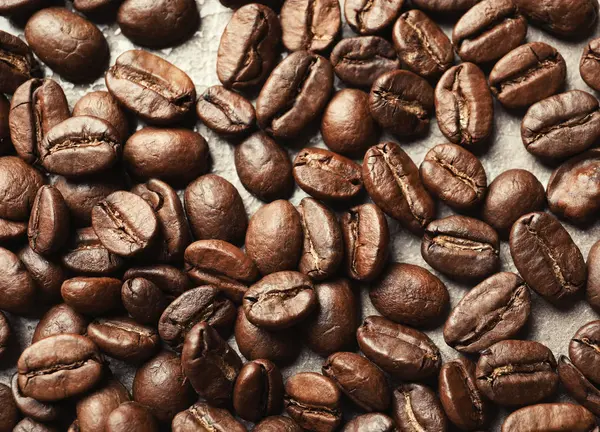 Rostade Kaffe Bönor Grå Bakgrund Närbild — Stockfoto