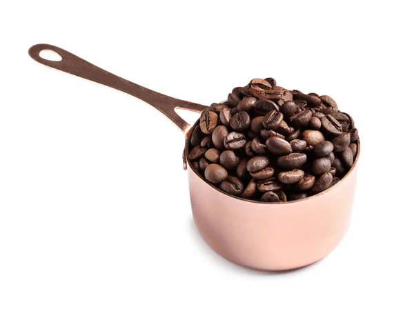 Topf Mit Gerösteten Kaffeebohnen Auf Weißem Hintergrund — Stockfoto