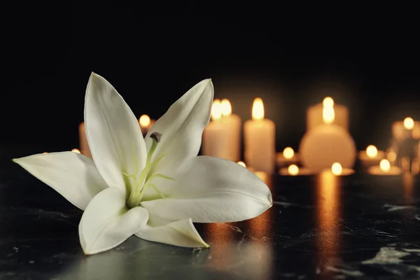 White Lily Blurred Burning Candles Table Darkness Space Text Funeral — Stock Photo, Image