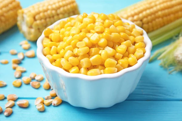 Bowl Corn Kernels Blue Wooden Table — Stock Photo, Image