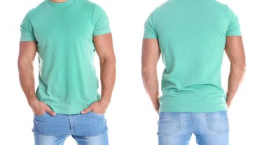 Beyaz arka plan, ön ve arka sayısı boş yeşil t-shirt adam. Tasarım için alay