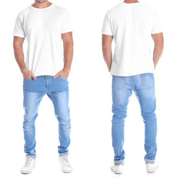 Beyaz arka plan, ön ve arka sayısı boş t-shirt adam. Tasarım için alay