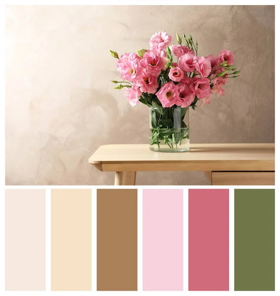 Vase Beautiful Eustoma Flowers Table Natural Color Palette Interior Fashion — Stock Photo, Image
