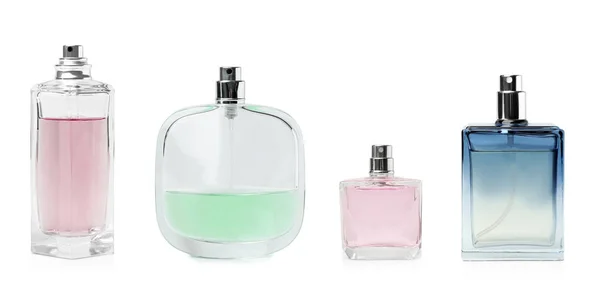 Conjunto Com Diferentes Frascos Perfume Branco Fundo Branco — Fotografia de Stock