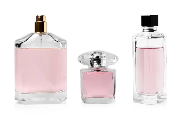 Set Con Diferentes Botellas Perfume Blanco Sobre Fondo Blanco —  Fotos de Stock